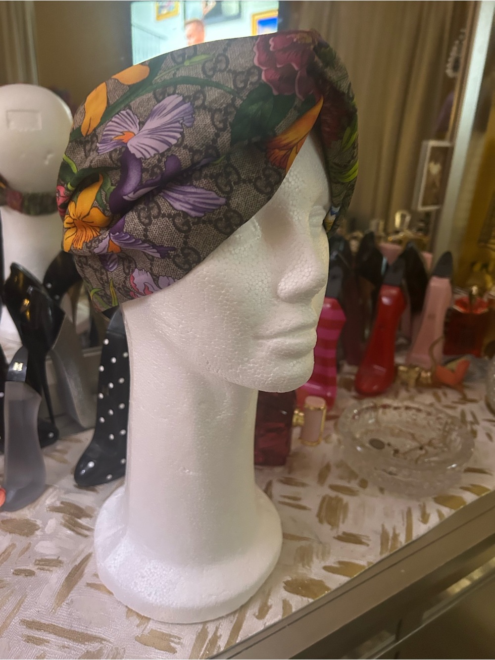 Gucci Floral Twist Headband in Gray with Multicolor Accents - Picture 3 of 14